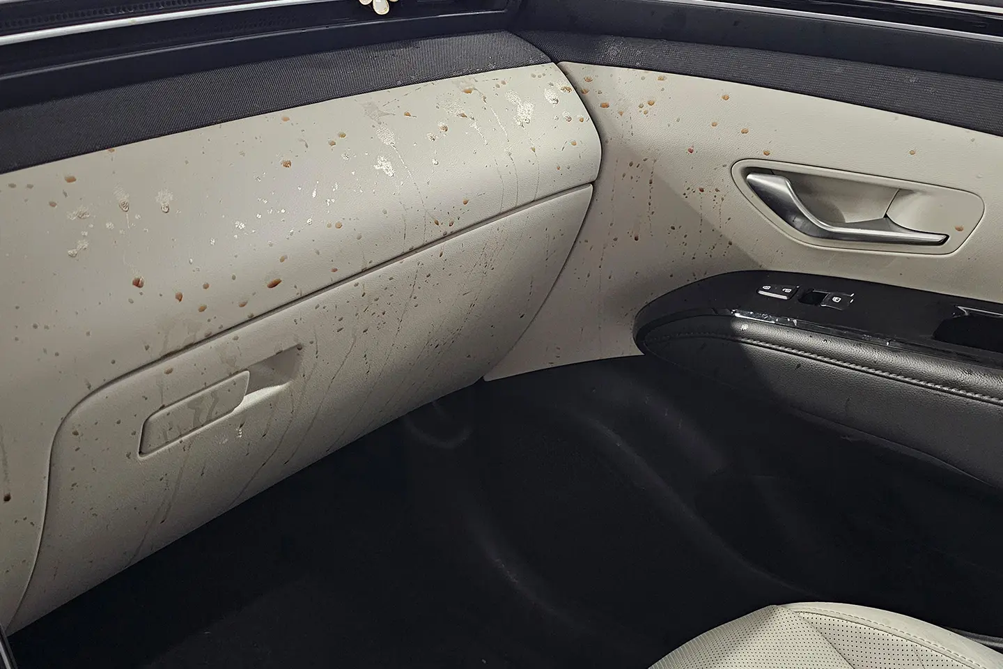 A car with some white paint on the interior.