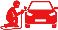 A red car is shown with a person holding the steering wheel.