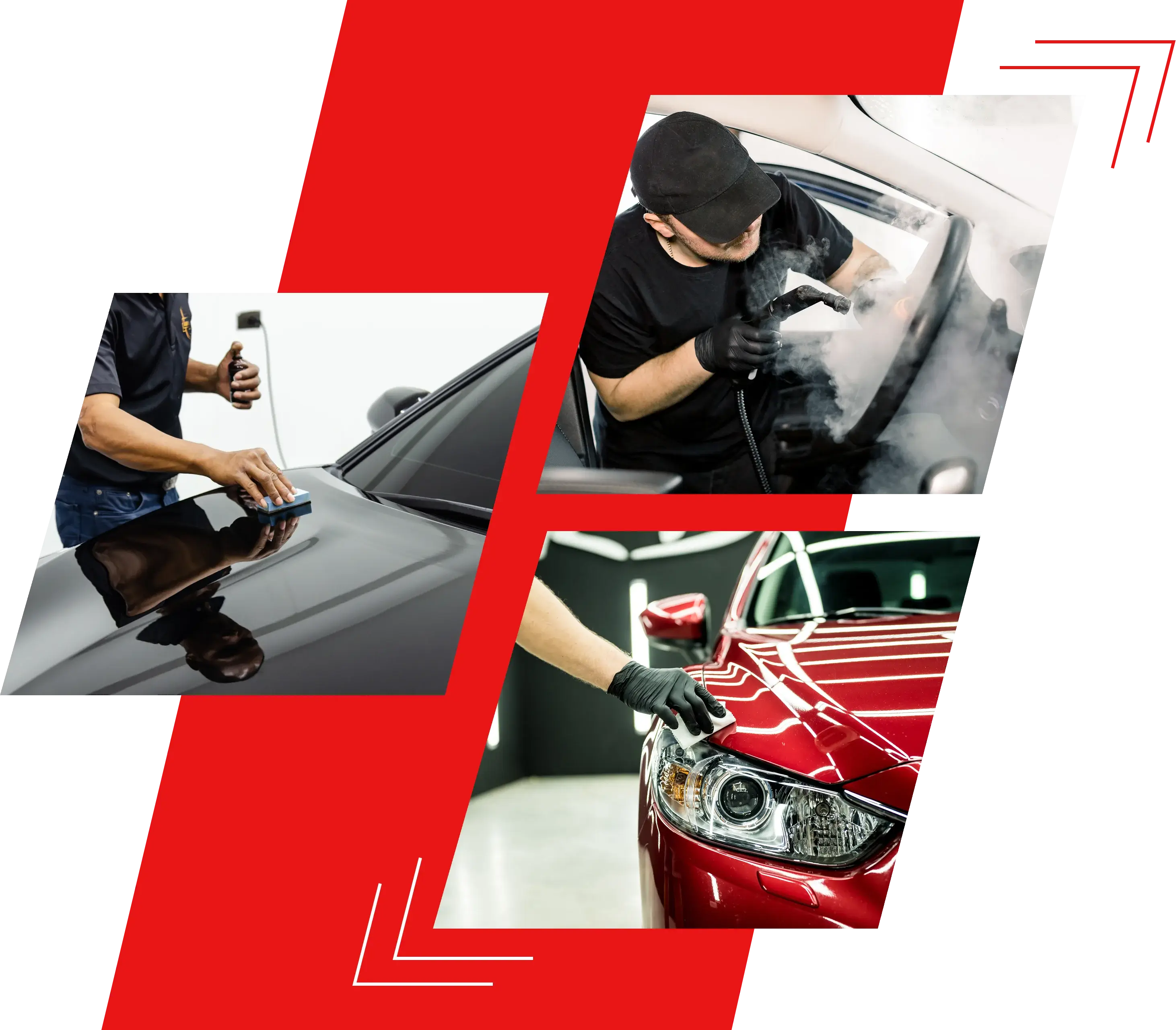 A collage of different pictures with people working on cars.