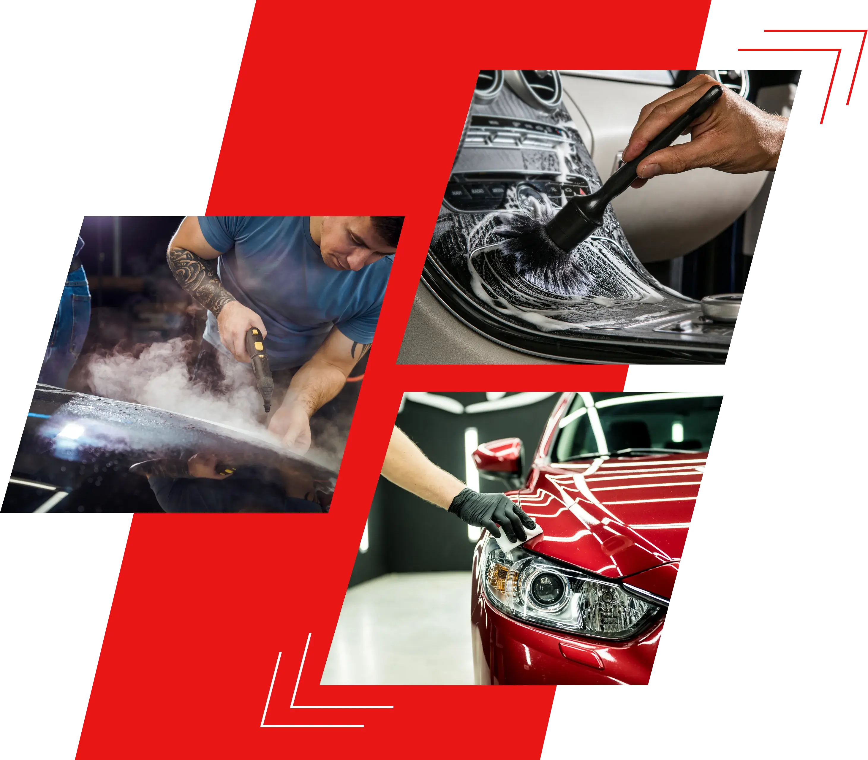 A collage of different types of car detailing.